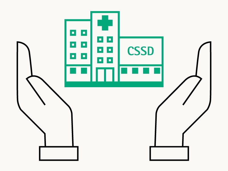 Icône avec un bâtiment cssd et deux mains le tenant sur le côté